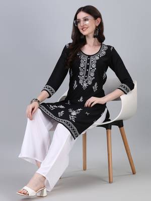 Modestouze Attires Women's Knee Length Printed Rayo Kurti (Black) (MAK33) 1