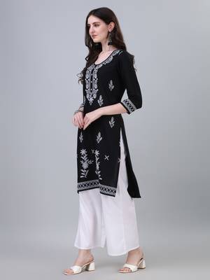 Modestouze Attires Women's Knee Length Printed Rayo Kurti (Black) (MAK33) 3