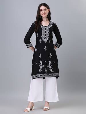 Modestouze Attires Women's Knee Length Printed Rayo Kurti (Black) (MAK33) 4