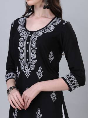 Modestouze Attires Women's Knee Length Printed Rayo Kurti (Black) (MAK33) 5