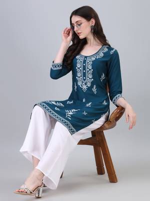 Modestouze Attires Women's Floral Printed Knee Length Rayon Kurti (Teal) (MAK33) 1