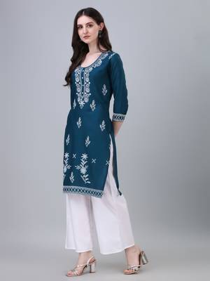 Modestouze Attires Women's Floral Printed Knee Length Rayon Kurti (Teal) (MAK33) 3