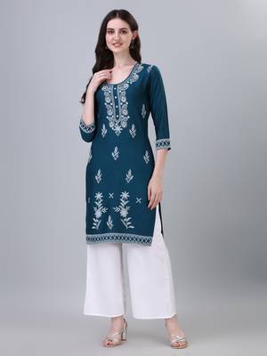 Modestouze Attires Women's Floral Printed Knee Length Rayon Kurti (Teal) (MAK33) 4