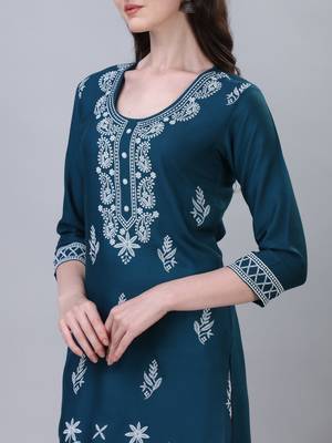 Modestouze Attires Women's Floral Printed Knee Length Rayon Kurti (Teal) (MAK33) 5
