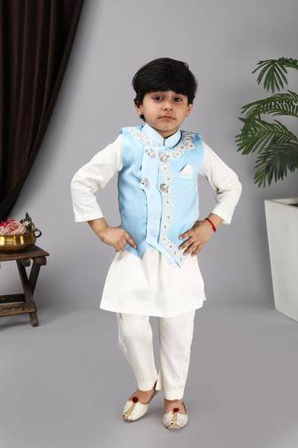  Off white kurta and churidar aqua blue Nehru jacket