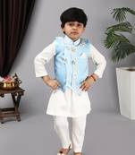  Off white kurta and churidar aqua blue Nehru jacket