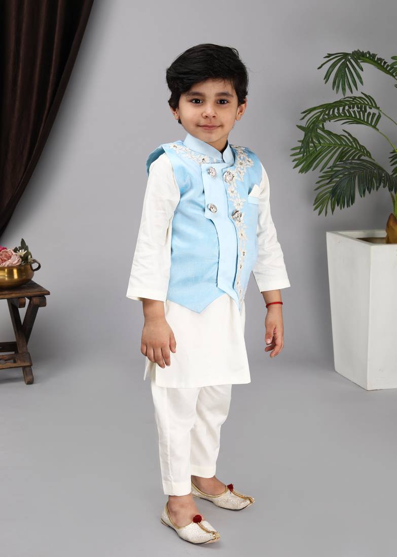  Off white kurta and churidar aqua blue Nehru jacket