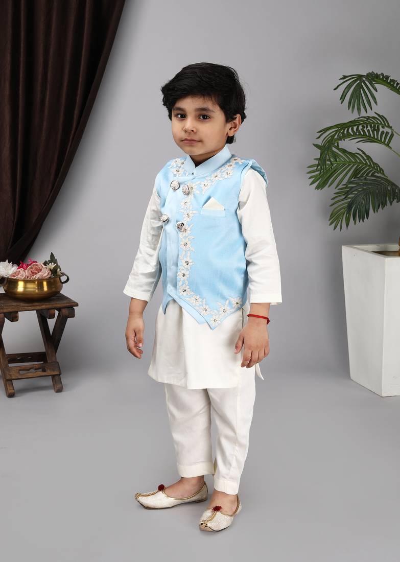  Off white kurta and churidar aqua blue Nehru jacket