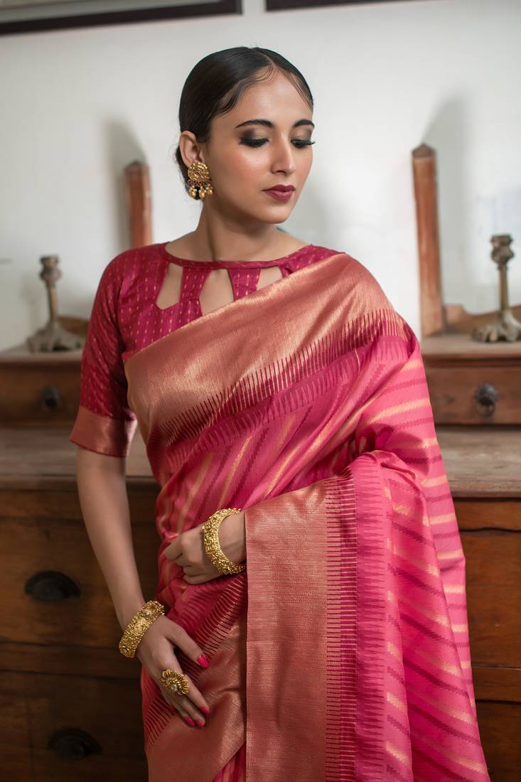 PINK BEAUTIFUL BANARSI  LEHRIYA SILK SAREE 