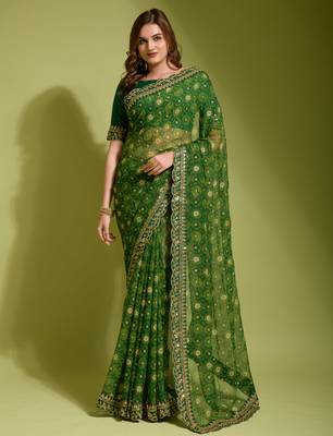 Green Colour Digital Prited Georgette Fabric Saree WITH UN-STITCHED BLOUSE 1