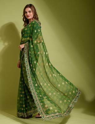 Green Colour Digital Prited Georgette Fabric Saree WITH UN-STITCHED BLOUSE 2