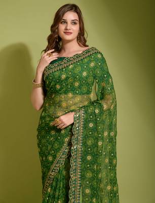 Green Colour Digital Prited Georgette Fabric Saree WITH UN-STITCHED BLOUSE 3