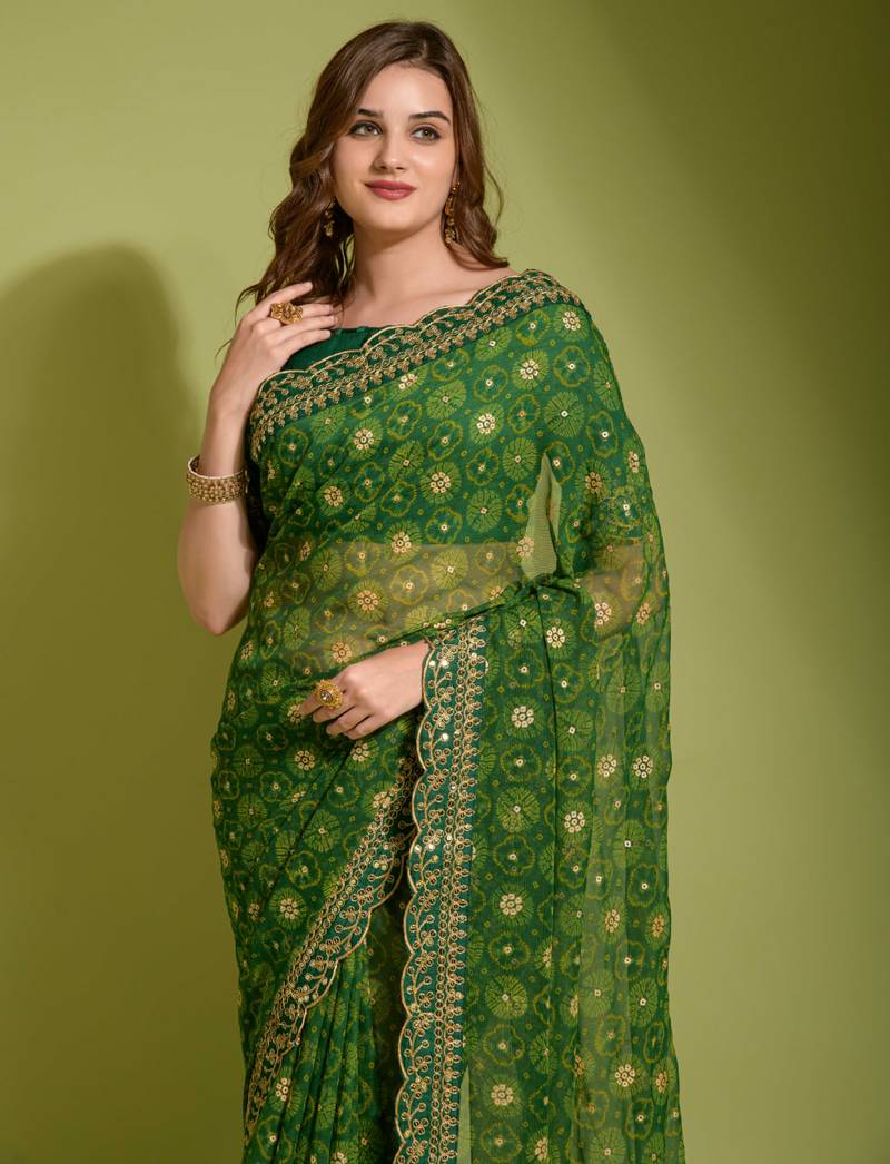 Green Colour Digital Prited Georgette Fabric Saree WITH UN-STITCHED BLOUSE
