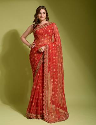 Red Colour Digital Prited Georgette Fabric Saree WITH UN-STITCHED BLOUSE 1
