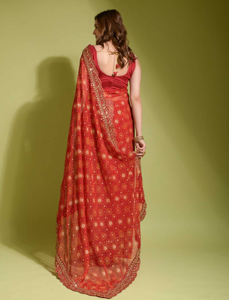 Red Colour Digital Prited Georgette Fabric Saree WITH UN-STITCHED BLOUSE