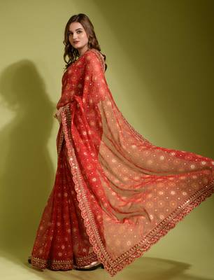 Red Colour Digital Prited Georgette Fabric Saree WITH UN-STITCHED BLOUSE 3