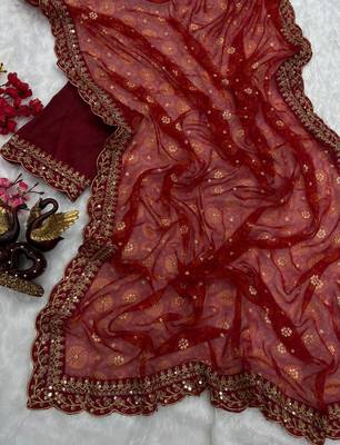 Red Colour Digital Prited Georgette Fabric Saree WITH UN-STITCHED BLOUSE 5