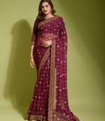 Wine Colour Digital Prited Georgette Fabric Saree WITH UN-STITCHED BLOUSE