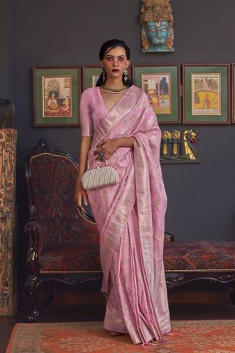 Elora Pure Soft Silk Faux Banarasi Handloom Weaving Saree (Light Pink)