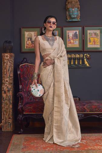 Elora Pure Soft Silk Faux Banarasi Handloom Weaving Saree (Beige)