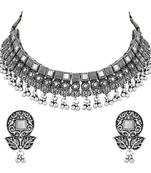Navratri Ethnic Silver Oxidized Traditional Afghani Choker Necklace Jewellery Set for Women 