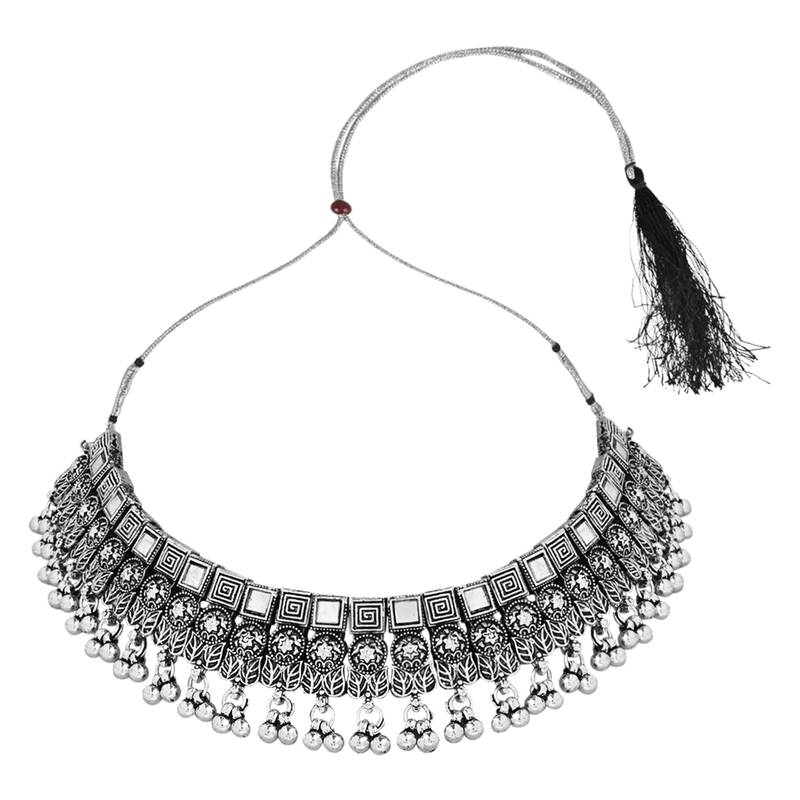 Navratri Ethnic Silver Oxidized Traditional Afghani Choker Necklace Jewellery Set for Women 