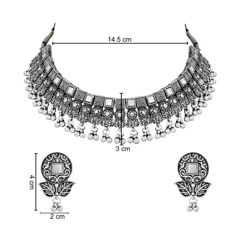 Navratri Ethnic Silver Oxidized Traditional Afghani Choker Necklace Jewellery Set for Women 