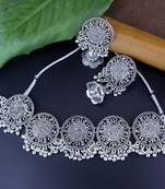 Navratri Ethnic Silver Oxidized Traditional Afghani Choker Necklace Jewellery Set for Women 