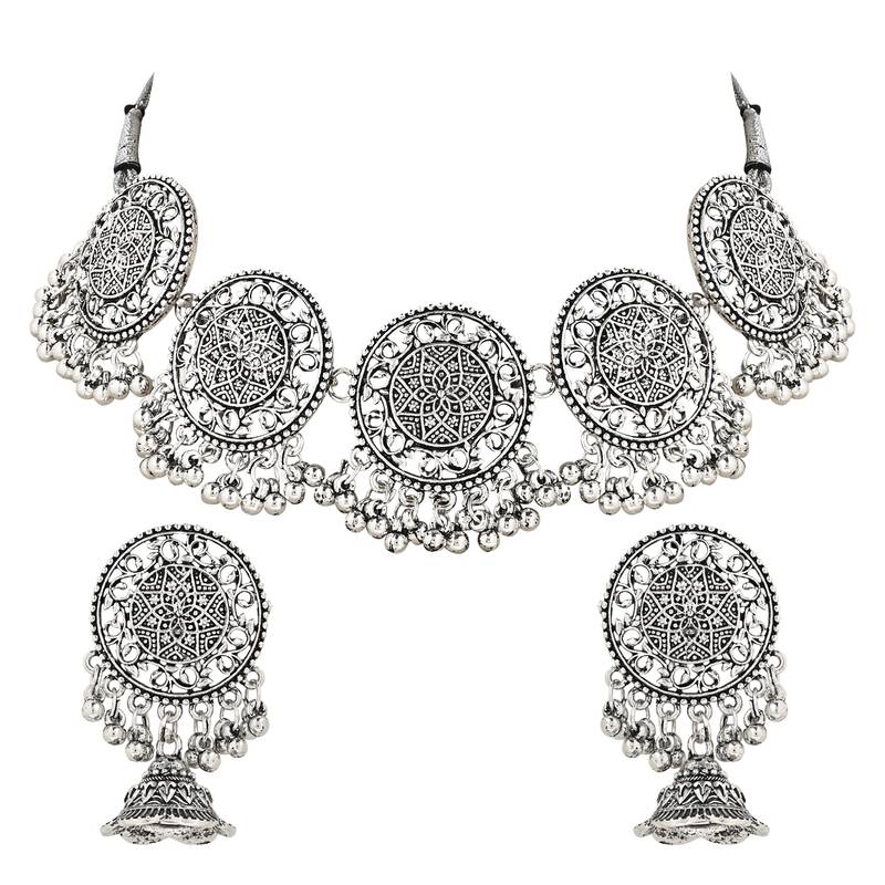 Navratri Ethnic Silver Oxidized Traditional Afghani Choker Necklace Jewellery Set for Women 