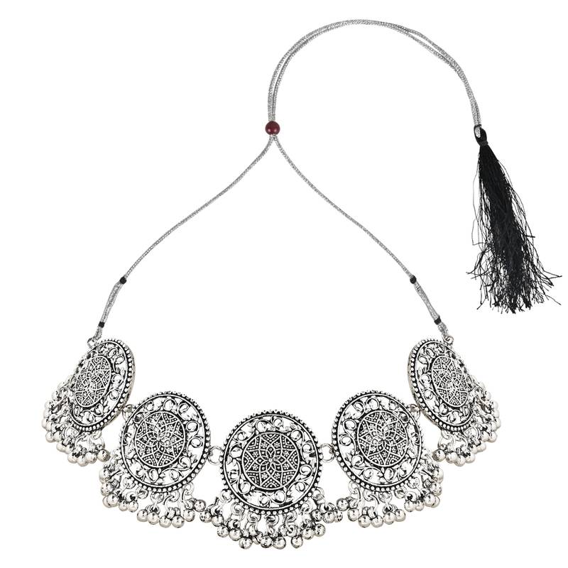 Navratri Ethnic Silver Oxidized Traditional Afghani Choker Necklace Jewellery Set for Women 