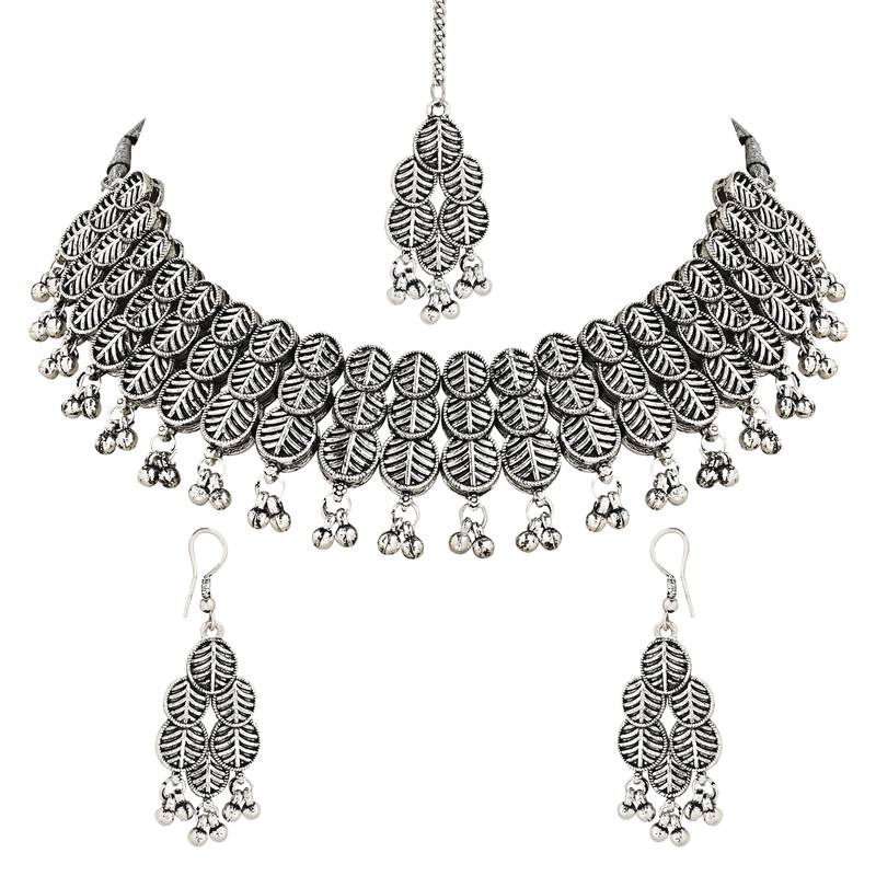 Navratri Ethnic Silver Oxidised Traditional Afghani Choker Jewellery Set for Women And Girls 