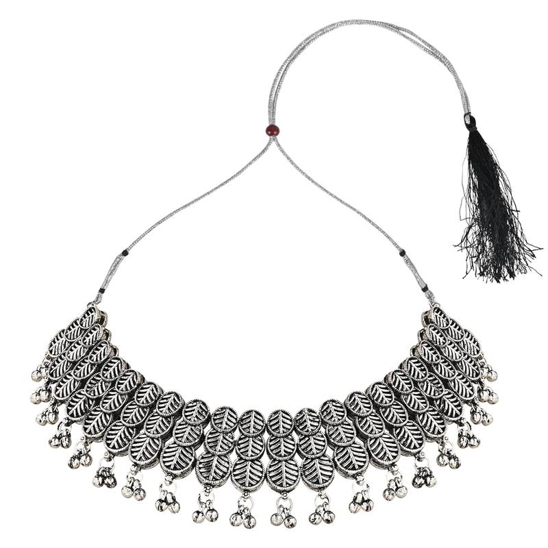 Navratri Ethnic Silver Oxidised Traditional Afghani Choker Jewellery Set for Women And Girls 