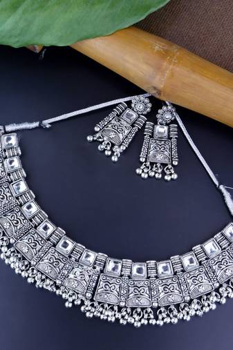 Navratri Ethnic Silver Oxidized Traditional Afghani Choker Necklace Jewellery Set for Women (MC139OX)