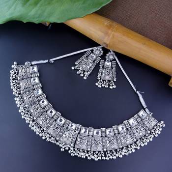 Navratri Ethnic Silver Oxidized Traditional Afghani Choker Necklace Jewellery Set for Women  1