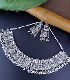 Navratri Ethnic Silver Oxidized Traditional Afghani Choker Necklace Jewellery Set for Women 