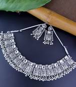 Navratri Ethnic Silver Oxidized Traditional Afghani Choker Necklace Jewellery Set for Women 