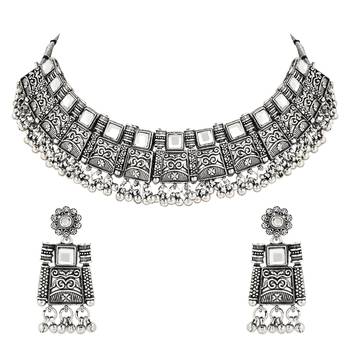 Navratri Ethnic Silver Oxidized Traditional Afghani Choker Necklace Jewellery Set for Women  2