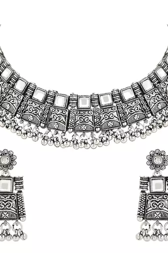 Navratri Ethnic Silver Oxidized Traditional Afghani Choker Necklace Jewellery Set for Women 