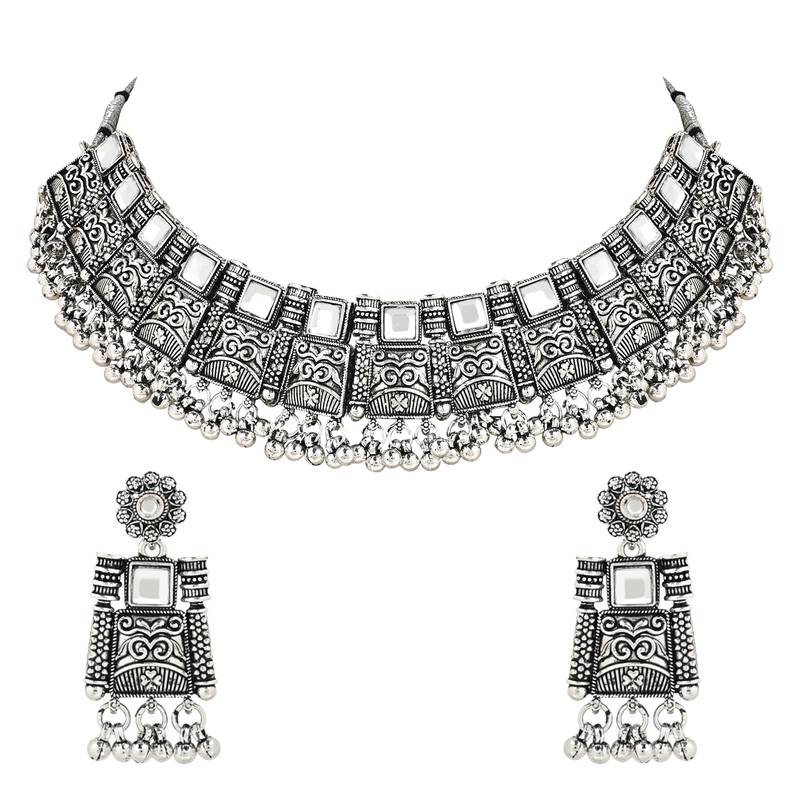 Navratri Ethnic Silver Oxidized Traditional Afghani Choker Necklace Jewellery Set for Women 