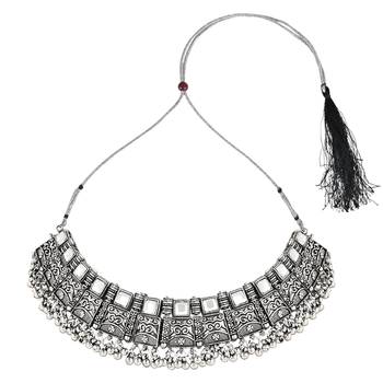 Navratri Ethnic Silver Oxidized Traditional Afghani Choker Necklace Jewellery Set for Women  3