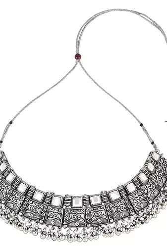 Navratri Ethnic Silver Oxidized Traditional Afghani Choker Necklace Jewellery Set for Women 
