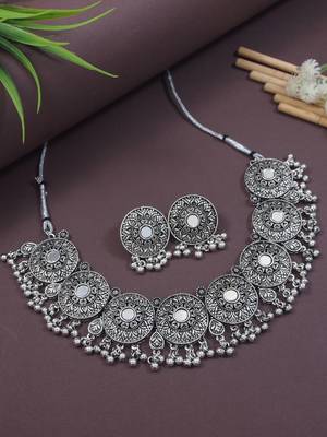 Navratri Ethnic Silver Oxidized Traditional Afghani Choker Necklace Jewellery Set for Women  1