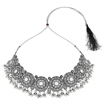 Navratri Ethnic Silver Oxidized Traditional Afghani Choker Necklace Jewellery Set for Women  2
