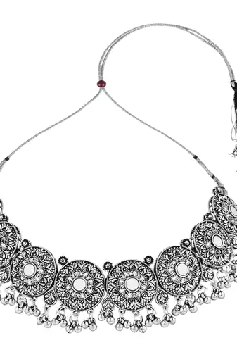 Navratri Ethnic Silver Oxidized Traditional Afghani Choker Necklace Jewellery Set for Women 