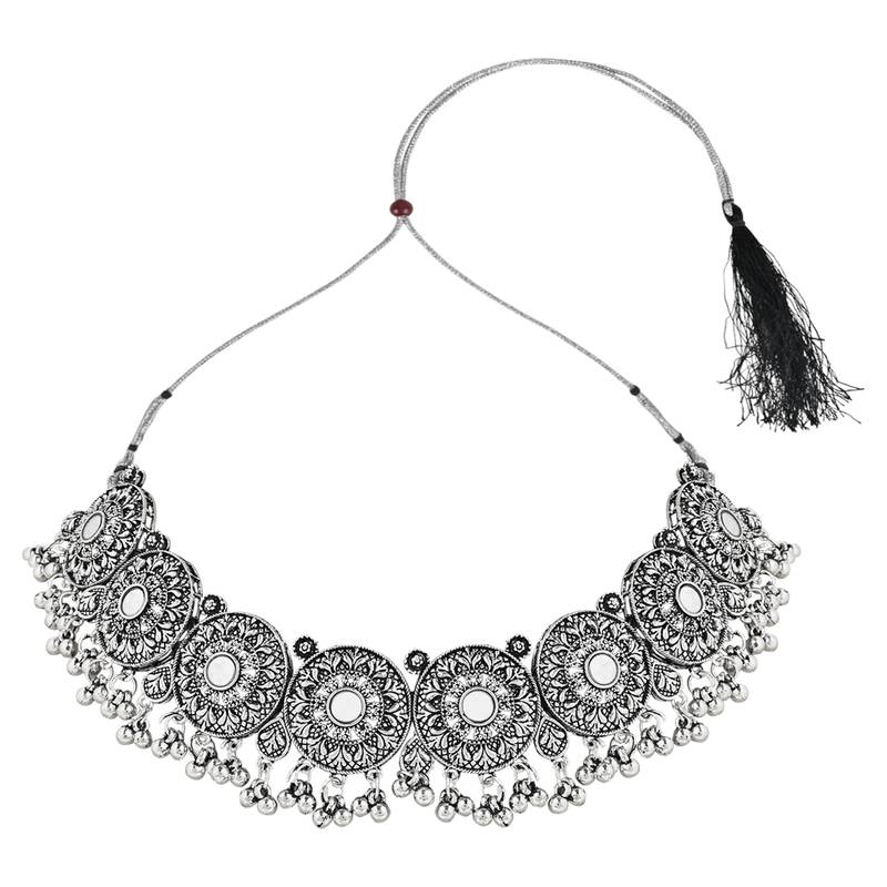 Navratri Ethnic Silver Oxidized Traditional Afghani Choker Necklace Jewellery Set for Women 