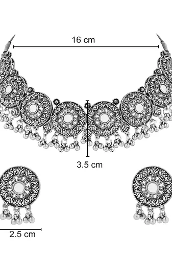 Navratri Ethnic Silver Oxidized Traditional Afghani Choker Necklace Jewellery Set for Women 