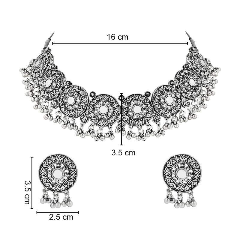 Navratri Ethnic Silver Oxidized Traditional Afghani Choker Necklace Jewellery Set for Women 