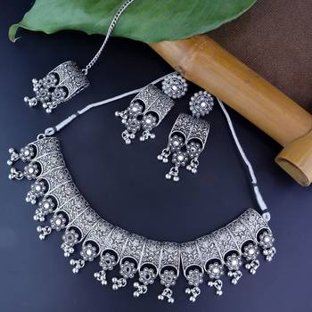 Navratri Ethnic Silver Oxidized Traditional Afghani Choker Necklace Jewellery Set for Women  1