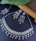 Navratri Ethnic Silver Oxidized Traditional Afghani Choker Necklace Jewellery Set for Women 