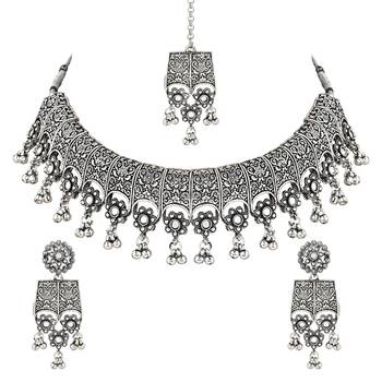 Navratri Ethnic Silver Oxidized Traditional Afghani Choker Necklace Jewellery Set for Women  2